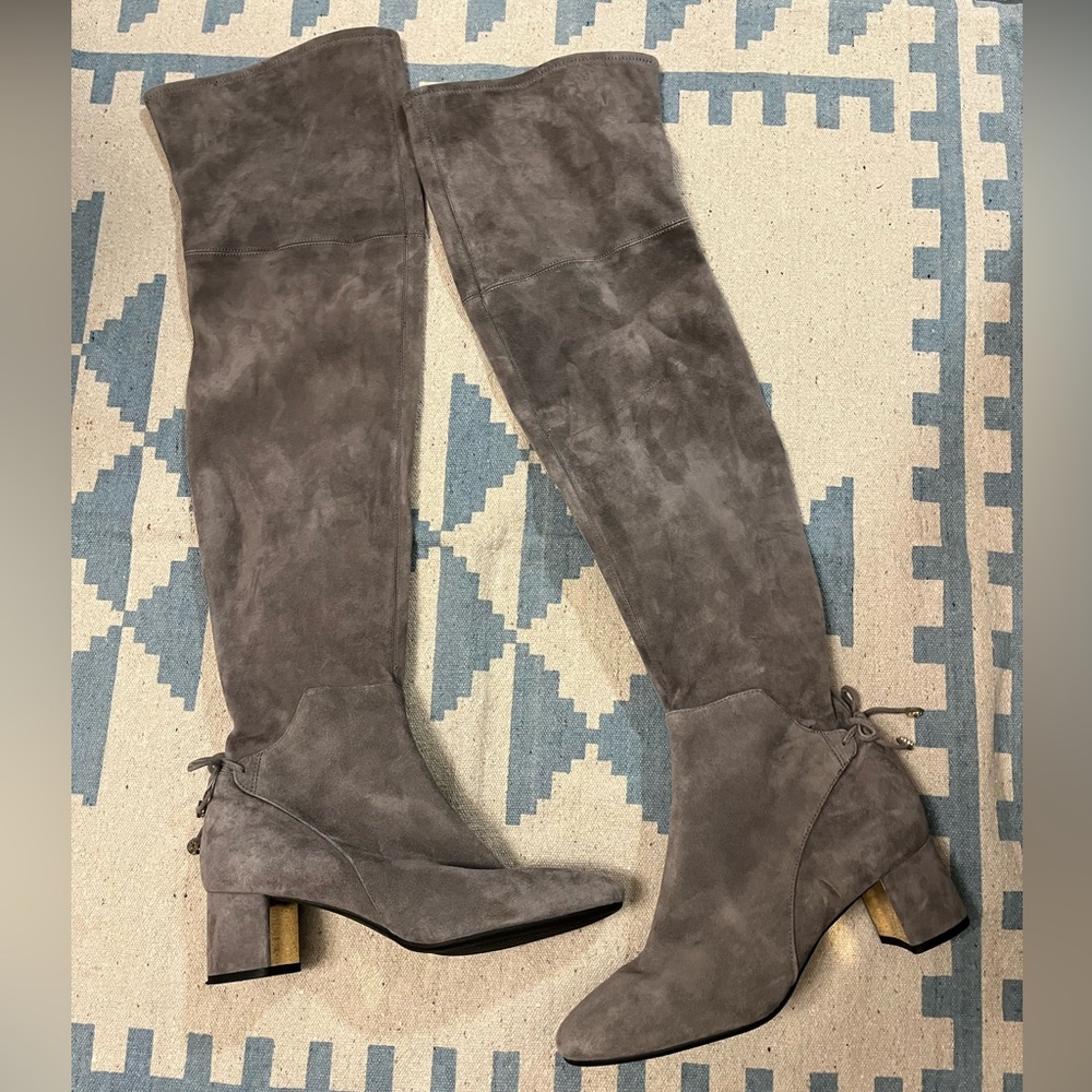 Tory Burch Laila Suede Over the Knee Grey Boots Block Heel Bow Gold Tall Leather - Picture 2 of 16